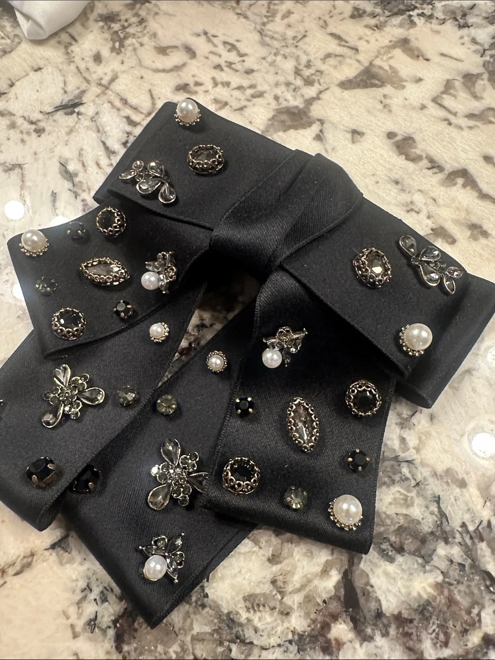 Saks Fifth Avenue Black Bow Hair Clip with Pearl & Crystal Accents